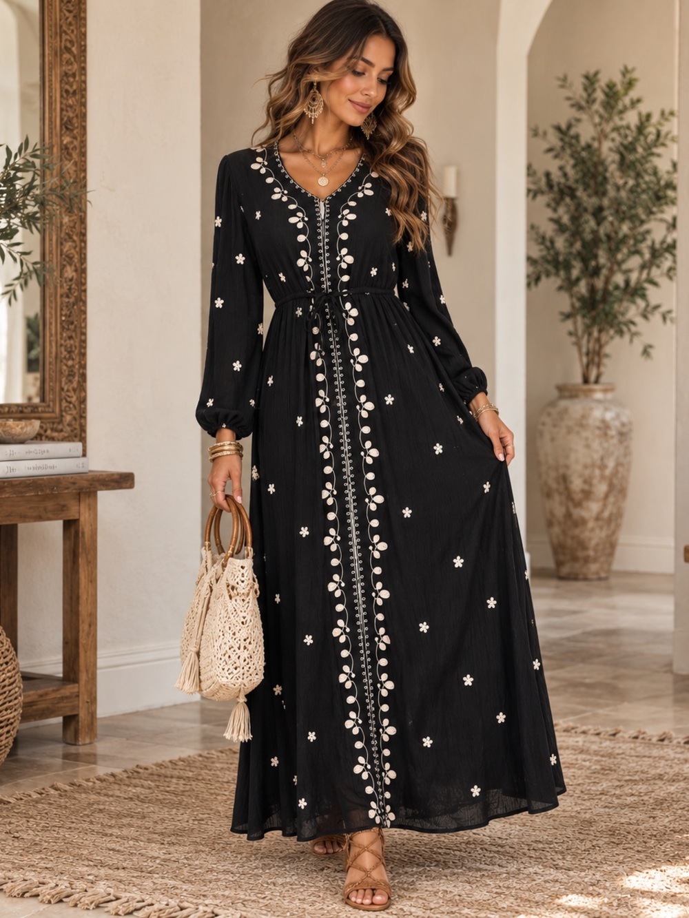 NATURAL LIFE Embroidered Dark Bohemian Maxi Dress – Size XS
